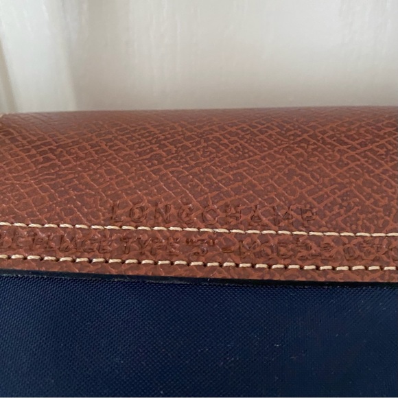 $150 Longchamp Le Pliage Navy Blue Nylon Brown Leather Tote Satchel Bag - Picture 14 of 16